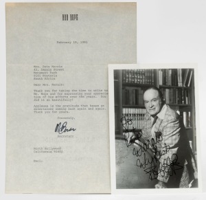 BOB HOPE signature in black ink on black and white photograph, also includes letter from Mr Hope's secretary on official letterhead. 12.5 x 18cm overall. 