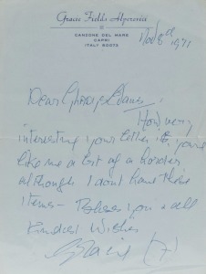 GRACIE FIELDS signature in blue pen on letter dated November 8th, 1971, on Gracie Fields Alperovici letterhead. 15 x 20cm overall. 