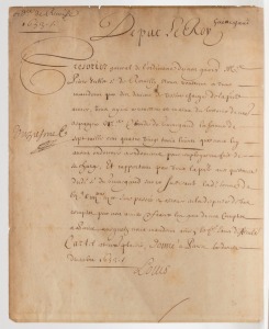 LOUIS XIV, also known as The Sun King, King of France from 1643–1715. Louis XIV ruled for 72 years, making his reign the longest of any European monarch. Signature on official document, dated December 1653. 23.5 x 29cm overall. 