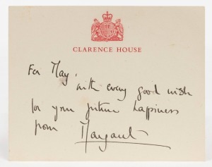 PRINCESS MARGARET signature "Margaret" in black ink on handwritten note on "Clarence House" card. 12 x 10cm overall.