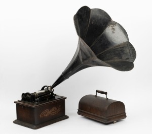 EDISON "STANDARD" cylinder phonograph in oak case with large black horn, early 20th century, 79cm high