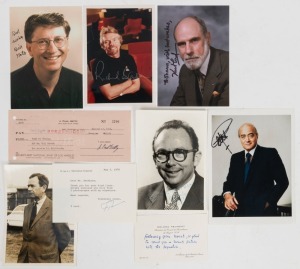 BUSINESSMEN: autographs of 20th century businessmen and innovators, usually on photographs/images or on piece, comprising Mohamed Al-Fayed, Richard Branson, internet pioneer Vinton Cerf, Bill Gates, J. Paul Getty, Roland Peugeot and Ferdinand Porsche. (7)