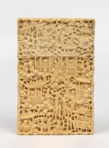An antique Cantonese export ware carved ivory calling card case, 19th century, ​​​​​​​11.5cm high