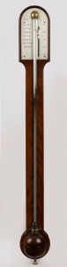 A Georgian mahogany round topped stick barometer with hemispherical cistern cover and chevron veneered case, by BATE of London, early 19th century, ​​​​​​​55cm high