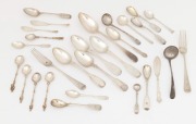 Assorted antique and vintage sterling silver flat ware including an attractive Irish silver tablespoon, five assorted apostle spoons, pate knives, parfait spoons, forks etc., 18th, 19th and 20th century, 606 grams total