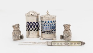 A pair of novelty Chinese export silver teddy bear pepper pots, together with a sterling silver and mother of pearl pen knife and a pair of sterling silver condiment pots, 19th and 20th century, (5 items), the largest 7cm high, silver weight (not including liners or knife) 112 grams