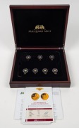 Macquarie Mint: The Smallest Gold Coins of the World Collection: Fourteen different 14-carat gold coins, issued on behalf of various countries and commemorating Galileo, Napoleon, Da Vinci, Mozart, Notre-Dame, Beethoven, etc. Attractively presented in a c
