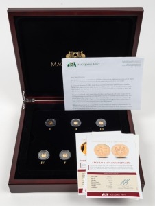 Macquarie Mint: The Smallest Gold Coins of the World Collection: Five different 14-carat gold coins, issued on behalf of various countries and commemorating Apollo 8, Vasco da Gama, Mozart, the Australian Gold Rush, etc. Attractively presented in a custom-designed box and accompanied by original documentation.