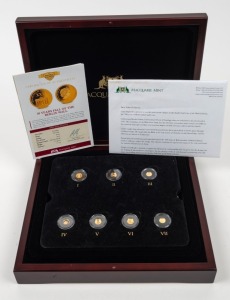 Macquarie Mint: The Smallest Gold Coins of the World Collection: Fourteen different 14-carat gold coins, issued on behalf of various countries and commemorating Roosevelt, Raphael, the Statue of Liberty, Shakespeare, Martin Luther King, etc. Attractively presented in a custom-designed box and accompanied by original documentation.