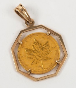 1986 $5 gold Maple Leaf, 1/10th oz coin loosely held in a 10ct gold frame
