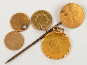 Various small gold coins, etc., mainly holed or mounted for jewellery, also a 22ct coin-like pendant "Modern Jewellery Prize Flower". (5 items). Total weight: 10gms.