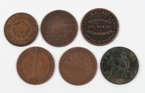 A group of Tasmanian One Penny tokens, comprising of R136 (Fleming), R143 (Friedman), R217 (Henry), R282 (Hutton), R578 (Waterhouse) and R600 (Wood). Mixed condition. (Total: 6)