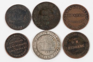 A group of Tasmanian Half Penny tokens, comprising of R2 (Abrahams), R203 (Hedberg), R310 (Josephs) and R398 (Nicholas) plus a silver 1897 Hobart Jubilee medallion and a 1920 Penny. Mixed condition. (6 items).