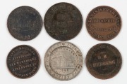 A group of Tasmanian Half Penny tokens, comprising of R2 (Abrahams), R203 (Hedberg), R310 (Josephs) and R398 (Nicholas) plus a silver 1897 Hobart Jubilee medallion and a 1920 Penny. Mixed condition. (6 items).