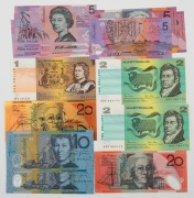 Various Unc banknotes comprising of $1, $2 (2), $5 (6), $10 (2), $20, and a gold-plated $20 "banknote". (Total: 13 items).