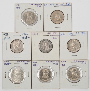 SHILLINGS: A small group of premium grade coins: 1816, 1887, 1917, 1927, 1928, 1929 (2) and 1933. EF-Unc. (Total: 8).
