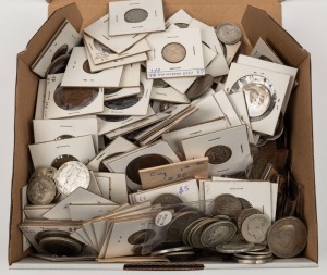 A very diverse range in a very full box; copper and silver well represented with many of the coins in cards; values to Half-Crowns. Total weight: 2.5kg+.