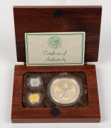 1995 Perth Mint Mixed Metal Set in jarrah presentation box: $5 gold, $5 platinum and $1 silver. (Only 600 sets produced).