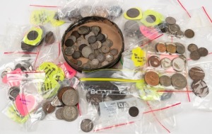 A diverse accumulation in a small box, including G.B., early France, German States, British Empire, South Africa, Russia, Ireland, etc. Includes a few medal and badges.