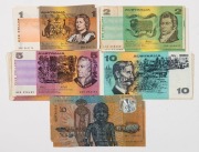 A range of mainly circulated banknotes, mostly paper: $1 (5), $2 (4), $5 (7) and $10 (5).