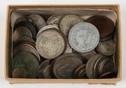 An accumulation of World coins (including a few Australian) in a small box.