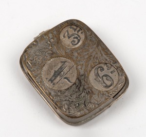 Antique nickel-plate coin holder, circa 1910, with positions for Sovereigns, half-sovereigns, shillings, sixpences and threepences.