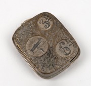 Antique nickel-plate coin holder, circa 1910, with positions for Sovereigns, half-sovereigns, shillings, sixpences and threepences.
