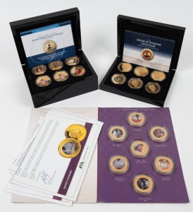 BRADFORD EXCHANGE BOXED SETS: 2017 "The Life and Legacy of Diana Princess of Wales" gold-plated Crown collection of 18; 2017 "The House of Windsor Centenary" Collection of 6 gold-plated Tristan da Cunha Crowns. Also, 2017 Macquarie Mint "The Queen Mother Collection" of seven Solomon Island $1 gold plated coins. (3 complete sets).