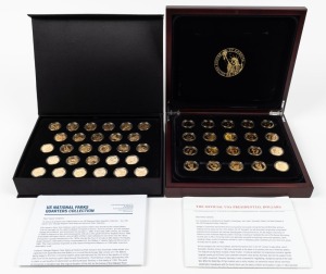 US Presidential Dollars Gold Plated Coin Collection by Macquarie Mint: 39 of 40 (lacks George Bush) in impressive presentation case. All coins are official US legal tender struck by the United States Mint, subsequently enhanced with 24-carat gold plating. With Certificate and documentation. Also, Macquarie Mint "US National Parks Quarters Collection (55 of 56) similarly gold-plated, boxed and with documentation.