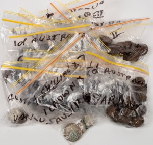 A pre-decimal duplicated range in plastic bags; mainly half-pennies, pennies, threepences and sixpences, with a few shillings, florins and a 1937 Crown. Total: 3.8kg.
