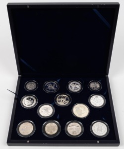 A cased OLYMPICS collection of mainly silver coins including 1952 Helsinki 500 Markaa, 1964 Tokyo 1000 Yen, 1968 Mexico 25 Peso, 1984 Los Angeles $1, 1992 Barcelona 2000 Ptas, 2000 Sydney $5 silver Proof, 2004 Athens 10 Euro, and other proof or Unc coins. (13).