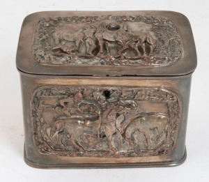 An antique silver plated tea caddy adorned with equestrian scenes, 19th century, 12cm high, 16.5cm wide, 11cm deep