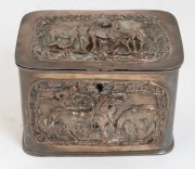 An antique silver plated tea caddy&nbsp;adorned with equestrian&nbsp;scenes, 19th century, 12cm high, 16.5cm wide, 11cm deep