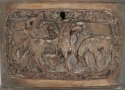 An antique silver plated tea caddy&nbsp;adorned with equestrian&nbsp;scenes, 19th century, 12cm high, 16.5cm wide, 11cm deep - 3
