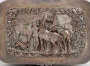 An antique silver plated tea caddy&nbsp;adorned with equestrian&nbsp;scenes, 19th century, 12cm high, 16.5cm wide, 11cm deep - 4