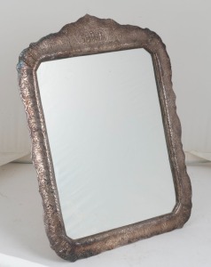 An antique silver plated standing table mirror, 19th century, 46 x 35cm overall