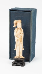 An antique Chinese carved ivory Guanying statue, in original box, early 20th century, ​​​​​​​22cm high including timber base