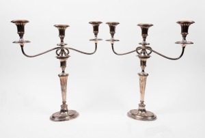 A pair of antique English Sheffield plate three branch candelabra, 19th century, 47cm high, 45cm wide