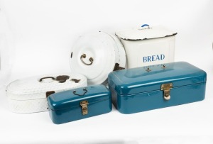 Five assorted vintage and antique enamel containers, including one labeled "Bread", 19th/20th century, the largest 47cm wide.