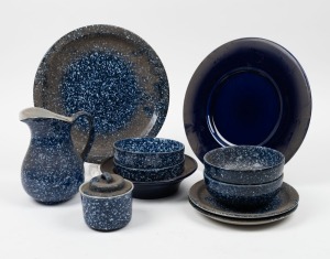 Vintage blue speckled ceramic kitchen ware, 20th century, (10 items), the largest platter 32cm diameter