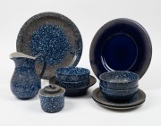 Vintage blue speckled ceramic kitchen ware, 20th century, (10 items), the largest platter 32cm diameter