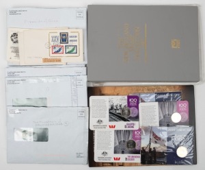 Various items including 2010 ANZAC Day Perth Mint $1 on cards (2), 2015 20c ANZACS Remembered 20c on cards (4), Solomon Islands $2 Ancient Wonders of the World set of 7 with folder, New Zealand 1987 Post Office Yearbook with all stamps present, etc.