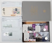 Various items including 2010 ANZAC Day Perth Mint $1 on cards (2), 2015 20c ANZACS Remembered 20c on cards (4), Solomon Islands $2 Ancient Wonders of the World set of 7 with folder, New Zealand 1987 Post Office Yearbook with all stamps present, etc.