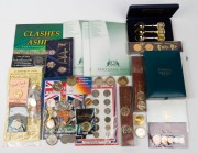 A carton containing a "mixed bag" including Macquarie Mint folders containing medals for "Flinders Street Station", "Melbourne Parliament House" (3), "Shrine of Remembrance" (3); Clashes for the Ashes medals, Vatican medals and coins, two-Up games, world 