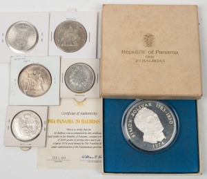 1967 10fr "Hercules", 1977 50fr "Hercules" (2), Netherlands 1973 10g Queen Juliana, Peru 1930 One Sol, and Panama 1974 20 Balboas Proof. (Total: 6 coins).