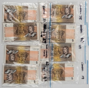 ONE DOLLAR, Johnson/Stone 1982 (R.78) a consecutive bundle (49) Unc.; plus 319 examples which are aUnc but all have centre bends. (Total: 368).