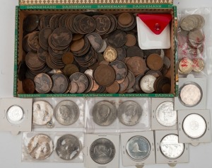 An unsorted accumulation in a small box; noted a few British Colonial items, as well. Approx. 2.9kg.