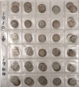 A duplicated range of SHILLINGS in album pages, comprising of 1910 (2), 1914 (1), 1915 (2), 1916 (1), 1917 (2), 1918 (3), 1920 (3), 1922 (4), 1924 ((4), 1925 (9), 1926 (7), 1927 (3), 1928 (1), 1931 (1). 1934 (1), 1935 (1), 1936 (2), 1941 (1), 1943 (4), 1944 (4) and 3 later. (Total: 60); very mixed condition, with earlies mostly poor.