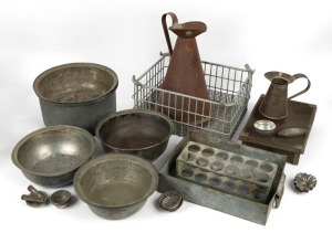 Assorted industrial metal ware, jugs, bowls and biscuit moulds, etc, 19th/20th century, (qty), the largest 39cm high.