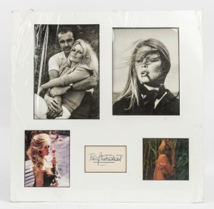 BRIGETTE BARDOT signature in blue ink, on mounted card with four photographs surrounding the autograph, 48 x 48cm overall. 